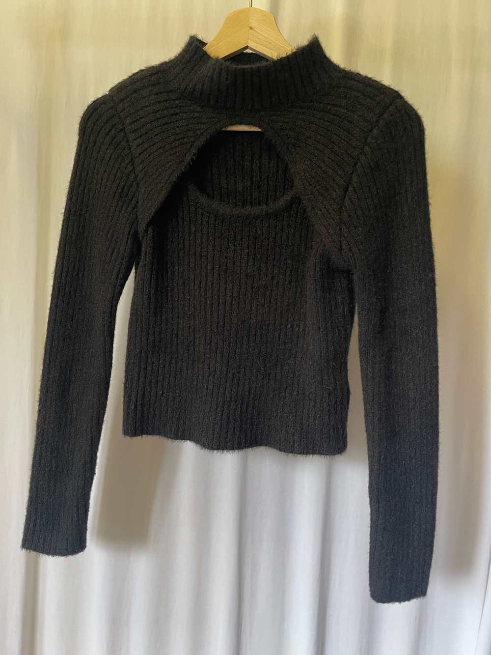 Ruby Moon Black Ribbed Knit Mock Neck Cutout Sweater Fuzzy Long Sleeve L